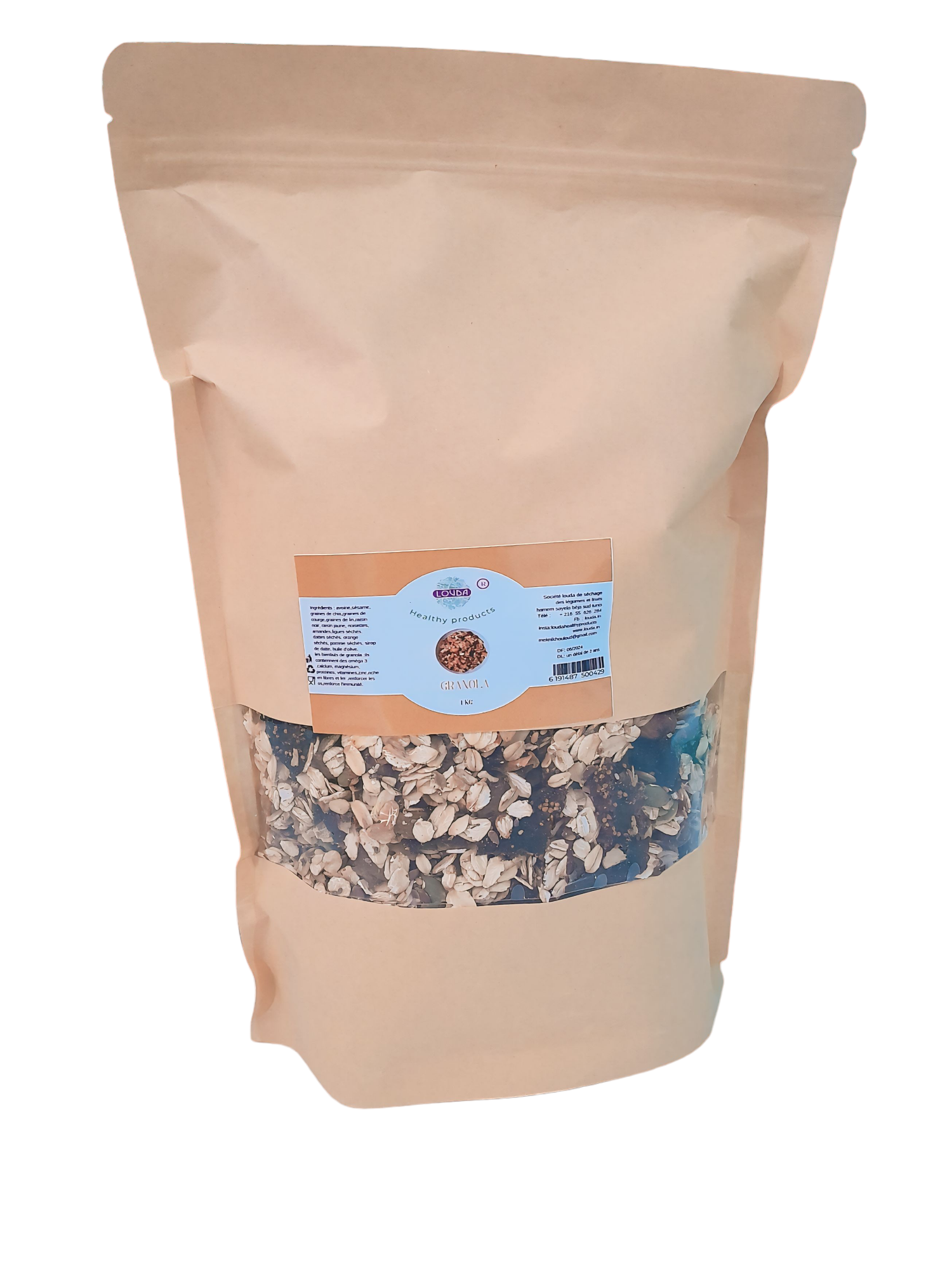 le granola est un mélange de graines (avoine, sésame, graines de chia, graines de lin, courge ,raisin noir, raisin jaune, noisettes, amandes, figues séchés, dattes séchés, orange séchés, pomme séchés, sirop de dattes ,huile d'olive )bienfaits : ils contiennent de oméga 3, calcium , magnésium, protéines, vitamines, zinc, riche en fibres et fer, renforcer les os et renforce l'immunité .